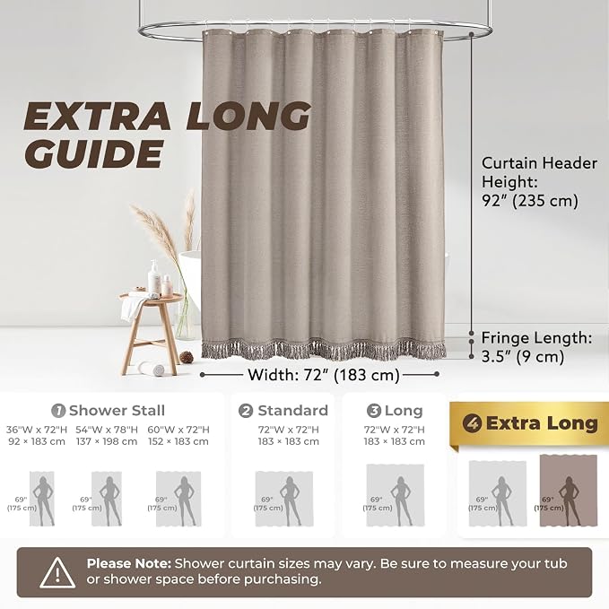 Linen Shower Curtain Boho Taupe Shower Curtain with Tassels 72"W x 96"L | Thick linen-poly blend, soft textured drape, handcrafted fringe, neutral rustic farmhouse bathroom decor