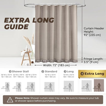 Linen Shower Curtain Boho Taupe Shower Curtain with Tassels 72"W x 96"L | Thick linen-poly blend, soft textured drape, handcrafted fringe, neutral rustic farmhouse bathroom decor