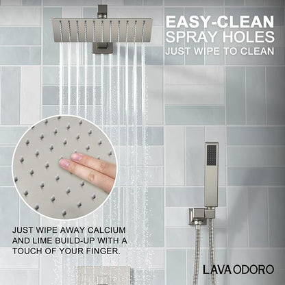 Lava Odoro Modern 3-Setting Square Shower and Tub Faucet Set with Shower Head and Handheld Sprayer Brushed Nickel, Rainfall Shower System with Tub Spout, Shower Valve Trim Kit, SF103-BN-T