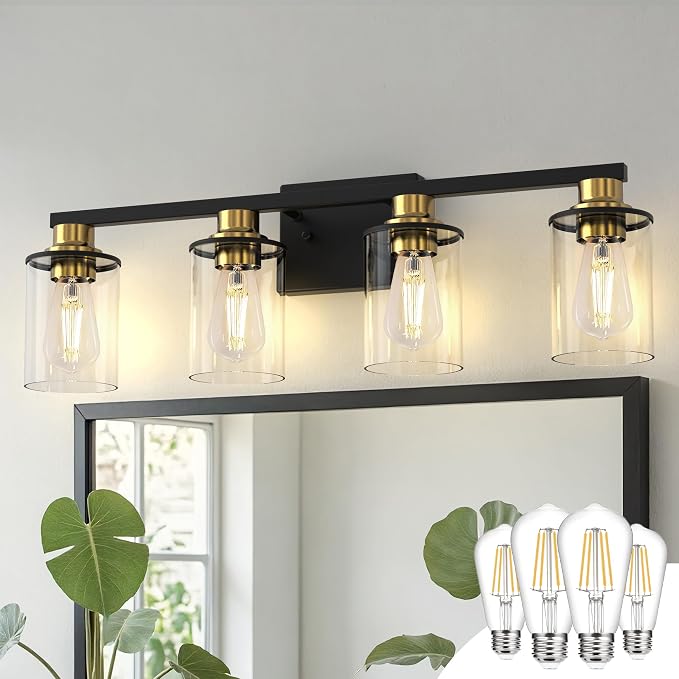 DORESshop 4-Light Black and Gold Bathroom Light Fixture with 4 Bulbs | Modern Vanity Mirror Light, Black Gold Vanity Light Fixture With Glass Shade and Bulbs, Wall Sconce for Bedroom Hallway