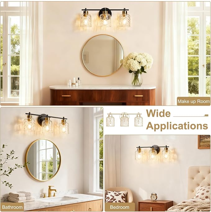 3 Light Black and Brass Bathroom Light Fixtures with Hammered Glass Mirror | 21.2" Black and Gold Farmhouse Vanity Light, Vanity Lighting Fixtures, Rustic Vanity Lights for Bathroom Lights for Makeup