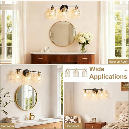 3 Light Black and Brass Bathroom Light Fixtures with Hammered Glass Mirror | 21.2" Black and Gold Farmhouse Vanity Light, Vanity Lighting Fixtures, Rustic Vanity Lights for Bathroom Lights for Makeup