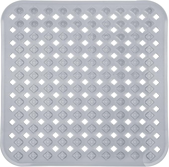 Yimobra Square Shower Mat Non Slip, Super Strong Suction Cups, 21"X21" Bath Tub Mat with Drain Holes, Machine Washable Fast Draining Bath Mats, Bathroom Essentials,Clear Gray