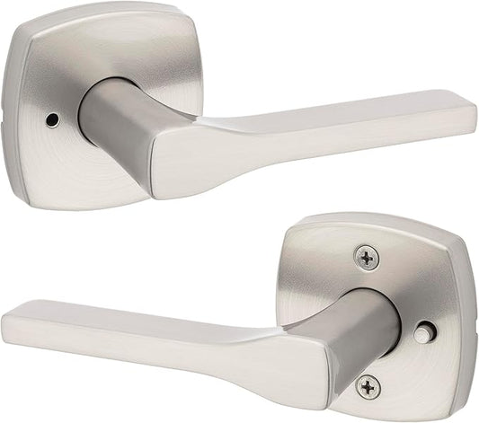 Kwikset Tripoli Lever Interior Privacy Door Handle with Lock, Door Lever For Bathroom and Bedroom, Satin Nickel Reversible Keyless Turn Lock, with Microban Protection