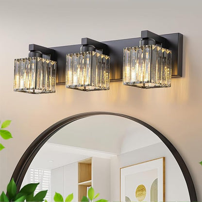 Black Vanity Light, 19.7" Modern Crystal Bathroom Light Fixtures Over Mirror 3-Light Bathroom Vanity Light