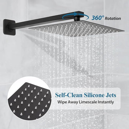 Matte Black Square Shower Head with Handheld Set, Rainfall Shower System Modern Wall Mounted Shower Faucet for Bathroom 10 inch (With Shower Valve)