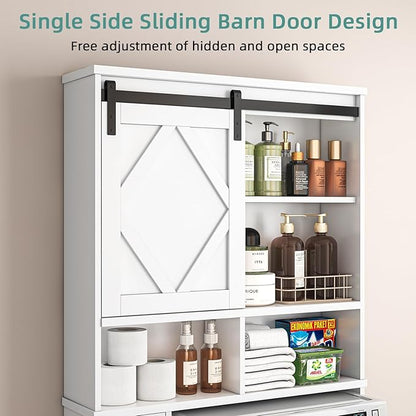 Over the Toilet Storage Cabinet with Farmhouse Sliding Barn Door, Above Toilet Organizer with Toilet Paper Holder Stand, Behind Toilet Shelf, Space Saver for Restroom, Bathroom, Laundry, White