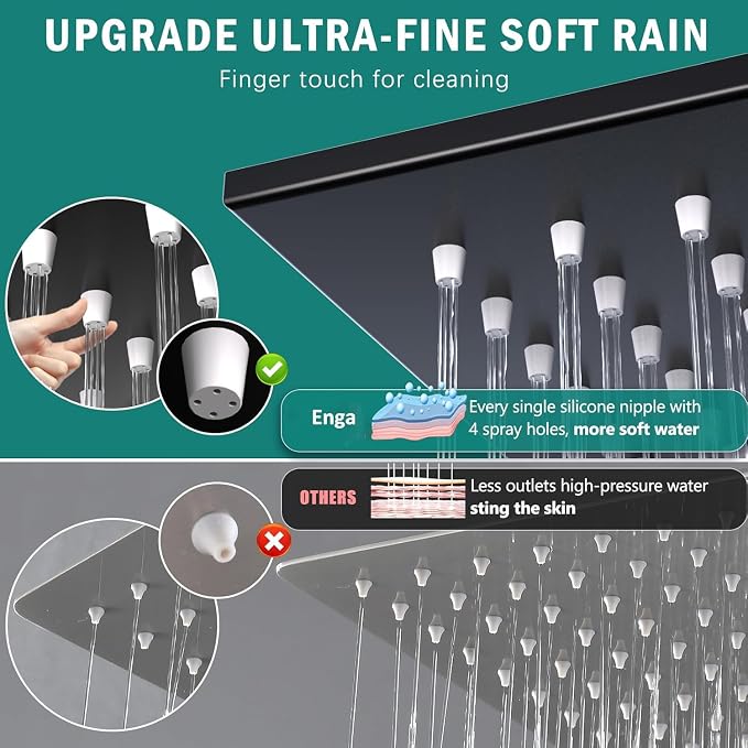Enga Dual Shower Head System with Tub Spout, Ceiling Mount 10 Inch Shower Head with 6 Inch Wall Mount Shower Head, 4 Way Diverter Shower Faucet with 2 in 1 Handheld, Matte Black