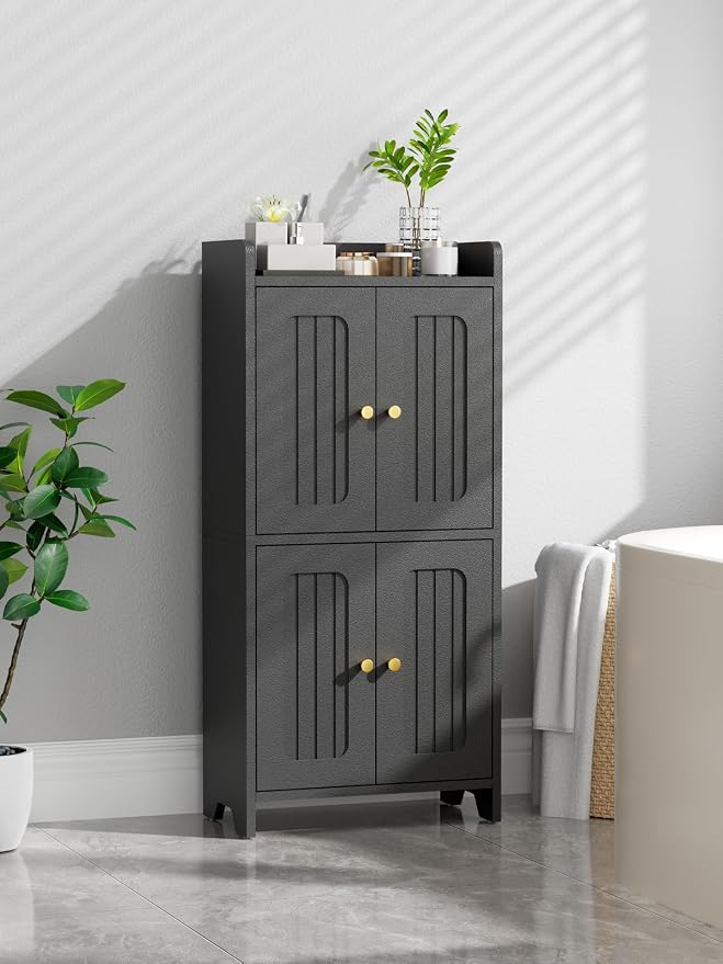 BEWISHOME Small Floor Cabinet,Toilet Paper Storage,Bathroom Storage Cabinet | with 4 Doors and Shelves, Bathroom Organizers and Storage for Small Spaces, Black 7.9" D x 14.6" W x 31" H YYG11B