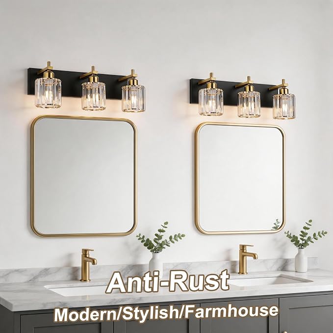 Black and Gold Crystal Bathroom Vanity Lights, 3-Lights Bathroom Light Fixture Over Mirror, 20 Inch Modern Farmhouse Vanity Light, Brass Gold Bath Wall Sconce for Bath Mirror Kitchen Hallway Cabinet