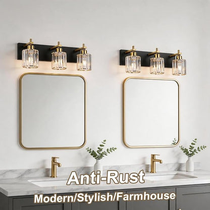 Black and Gold Crystal Bathroom Vanity Lights, 3-Lights Bathroom Light Fixture Over Mirror, 20 Inch Modern Farmhouse Vanity Light, Brass Gold Bath Wall Sconce for Bath Mirror Kitchen Hallway Cabinet