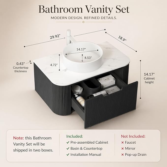 30 Inch Bathroom Vanity with Sink, Floating Wall Mounted Single Sink Vanity, Black Curved Fluted Front, Stone Top, Pure White Round Vessel Basin, Pre-Assembled
