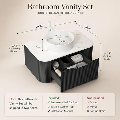 30 Inch Bathroom Vanity with Sink, Floating Wall Mounted Single Sink Vanity, Black Curved Fluted Front, Stone Top, Pure White Round Vessel Basin, Pre-Assembled
