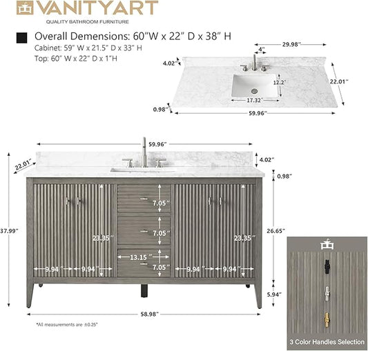 Vanity Art 60 inch Bathroom Vanity with Single Sink & Ceramic Top, Vanity Cabinet with Soft-Closing Door, Solid Wood Frame, Linear Pattern, Driftwood Gray, VA9160-SDG-MB,Matte Black Handles