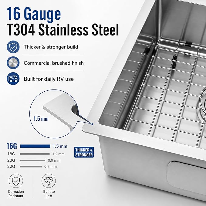 Kitsitchen RV Ktichen Sink,16 Gauge T304 Stainless Steel Undermount Kitchen Sinks with Sink Drain Strainer & Bottom Gird, 27" x 16" x 7" Single Bowl Drop In Kitchen Sink for RV, Outdoor and Bathroom