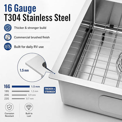 Kitsitchen RV Ktichen Sink,16 Gauge T304 Stainless Steel Undermount Kitchen Sinks with Sink Drain Strainer & Bottom Gird, 27" x 16" x 7" Single Bowl Drop In Kitchen Sink for RV, Outdoor and Bathroom