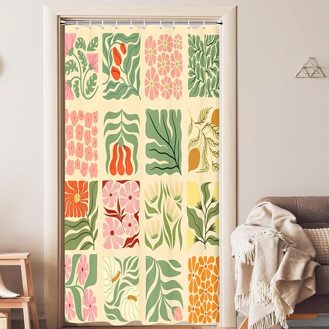 JAWO Retro Shower Curtain Vintage Abstract Boho Floral Shower Curtains for Bathroom Decor Pink Yellow Botanical Geometric Groovy Aesthetic Pattern Shower Curtain Sets with Hooks,36X72IN