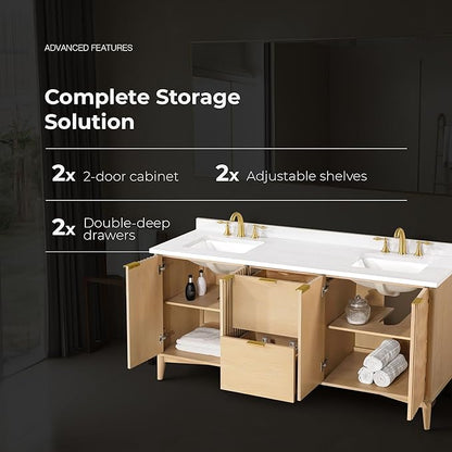 OVE Decors Indy 72 in. Undermount Double Sink Bathroom Vanity with White Engineered Marble Top, Rustic Ash