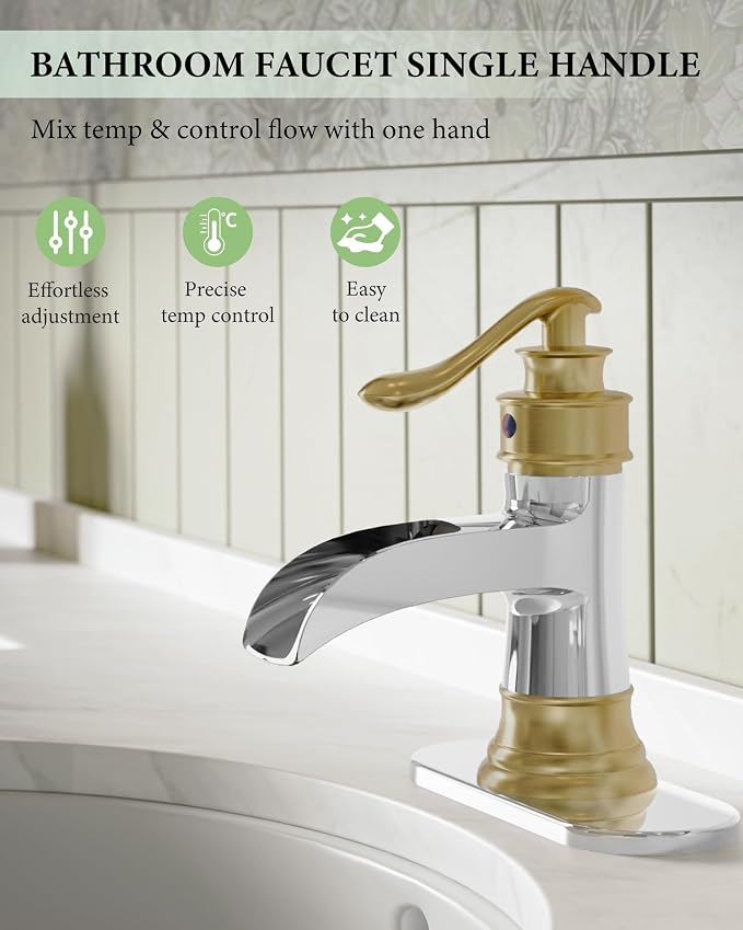 Bathroom Faucet Waterfall Sink Faucets Bathroom Widespread Single Handle | Chrome and Gold for 1 or 3 Holes Rustic Vanity Farmhouse with Pop-up Drain Deck Plate Hose by Homevacious