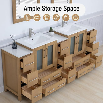 HOMEBEYOND 84 Inch Modern Bathroom Vanity with Sink & Mirror, Double Sink Vanity Cabinet with Basin and Mirror, Dove-Tailed Drawers, Soft-Closing Doors, Wood, Natural Oak
