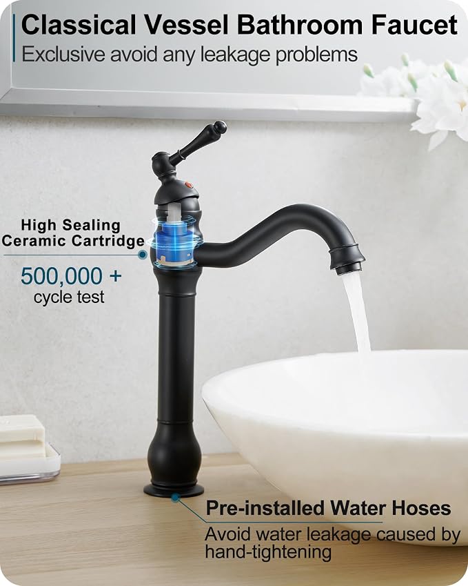 Matte Black Bathroom Faucet, Brass Tall Bathroom Sink Faucet Single Handle, 360 Degree Swivel Vessel Faucet, Bathroom Faucets One Hole with Aerator & Supply Hoses for Shopping Malls Saving Water