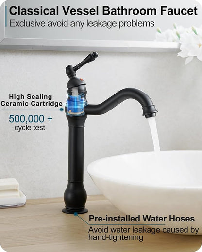 Matte Black Bathroom Faucet, Brass Tall Bathroom Sink Faucet Single Handle, 360 Degree Swivel Vessel Faucet, Bathroom Faucets One Hole with Aerator & Supply Hoses for Shopping Malls Saving Water