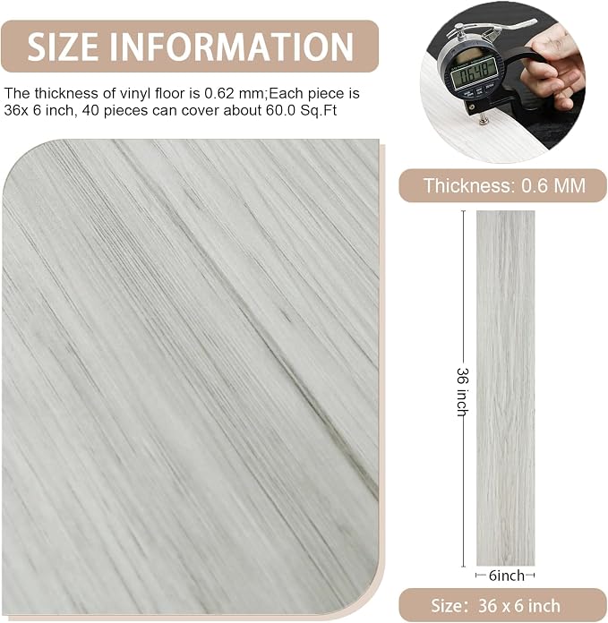 Peel and Stick Floor Tile, 40-Pack 60 Sq.Ft, Vinyl Plank Flooring | Natural Wood Look, Self Adhesive Durable and Waterproof for Transfer Bedroom, Kitchen, RV, Bathroom and Living Room, 36in×6in