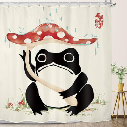 LGhtyro Funny Frog Shower Curtain Bathroom Set 71Wx71H Inches Mushroom Lovely Asian Traditional Black Beige Red Green Grassland Japanese Bath Accessories Cute Art Home Decor Fabric 12 Pack Hooks