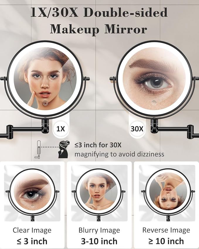 9'' 30X/1X Wall Mounted Height Adjustable Lighted Magnifying Makeup Mirror | 5000mAh Rechargeable Bathroom Mirror with 3 Color Modes Light, Extended Arm Space Saving for Apartment, Hotel, Rental House