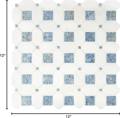 MSI Azula Hatchwork 12 in. x 12 in. Geometric Squares Polished Marble Mesh-Mounted Mosaic Wall Tile for Bathroom, Floor Tile and Kitchen Backsplash, White, Blue