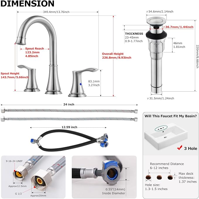 Brushed Nickel Widespread Bathroom Sink Faucet 8 Inch for Vanity | with All Metal Pop Up Drain, High Arc 2 Handle Lead-Free Deck Mount Bathroom Faucet for 3 Hole Lavatory Utility Sink