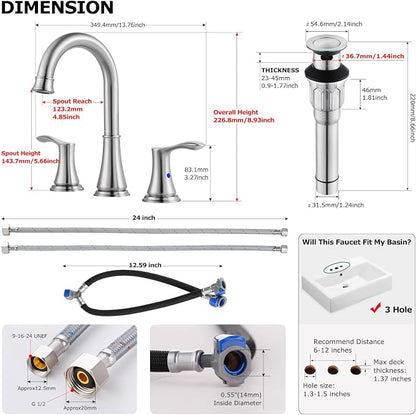 Brushed Nickel Widespread Bathroom Sink Faucet 8 Inch for Vanity | with All Metal Pop Up Drain, High Arc 2 Handle Lead-Free Deck Mount Bathroom Faucet for 3 Hole Lavatory Utility Sink