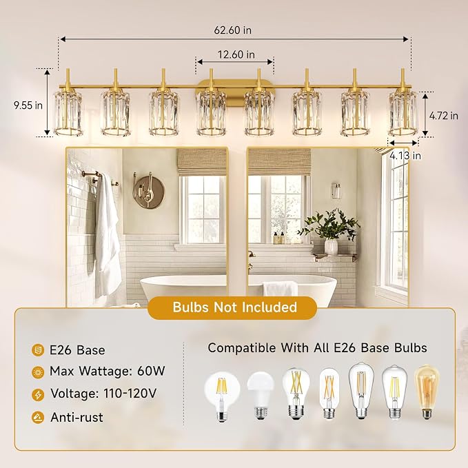 Hasipu Bathroom Vanity Light Fixtures, 8-Light Brushed Gold Vanity Wall Light Bar with Clear Glass Shade, Lighting Fixtures Over Mirror for Bathroom Bedroom Living Room Hallway Cabinet Porch