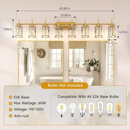 Hasipu Bathroom Vanity Light Fixtures, 8-Light Brushed Gold Vanity Wall Light Bar with Clear Glass Shade, Lighting Fixtures Over Mirror for Bathroom Bedroom Living Room Hallway Cabinet Porch