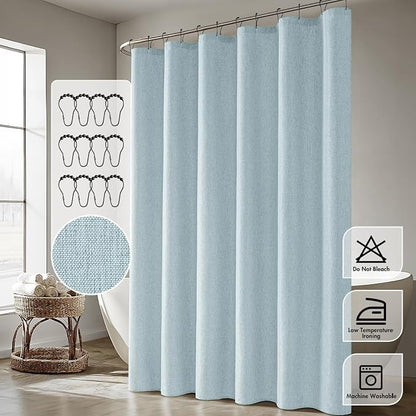 ANRODUO Fog Blue Extra Long Linen Fabric Shower Curtain Set - W72xL108 | Farmhouse Shower Curtain with 12 Metal Hooks, Waterproof Heavy Duty, Button Hole Design, Machine Washable for Bathroom