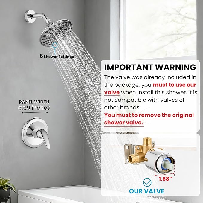 gotonovo Shower Faucet Set with Valve 6 Mode Rain Head Polished Chrome | Bathroom Shower Head and Handle Set Complete Combo,6 Mode Multi 6’’ ABS Rainfall Showerhead,Brass Valve Trim Kit,Wall Mount