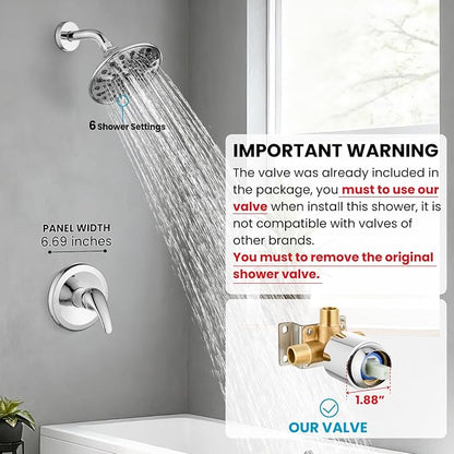 gotonovo Shower Faucet Set with Valve 6 Mode Rain Head Polished Chrome | Bathroom Shower Head and Handle Set Complete Combo,6 Mode Multi 6’’ ABS Rainfall Showerhead,Brass Valve Trim Kit,Wall Mount