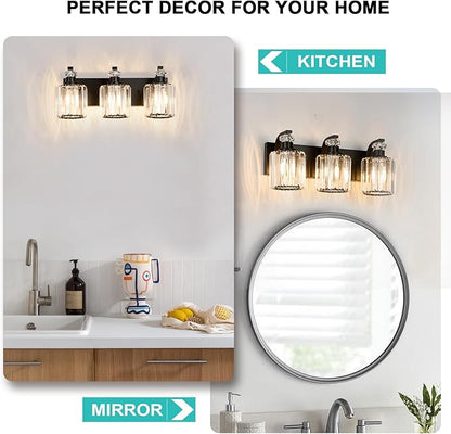 Black Bathroom Light Fixtures with K9 Crystal Lampshade Bathroom Lighting Over Mirror Vanity Lights for Living Room,Bedroom,Restroom,Hallway 3 Lights