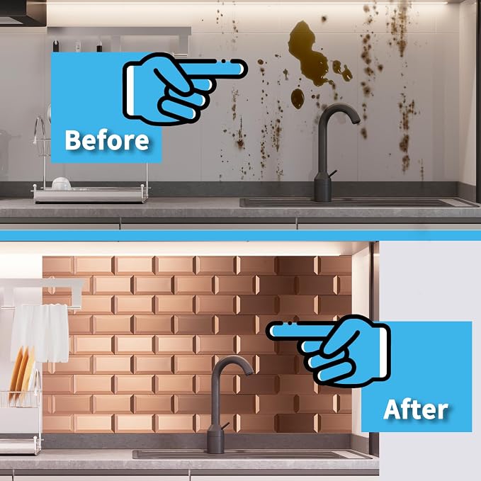 Art3d Peel and Stick Backsplash, Copper 3D Texture, 3 x 6 in, 100-Pack | Stainless Steel, Self Adhesive, Stainproof, Brushed Finish, Heat-Resistant, Ideal for Kitchen, Stove Zones