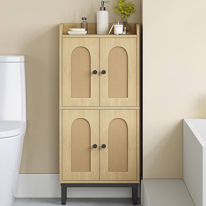 Bathroom Cabinet, Small Storage Cabinet with 4 Doors, Bathroom Organizers and Storage Cabinets with Adjustable Feet, Cabinets Freestanding for Living Room, Kitchen, 7.1"D x 14.6"W x 32.7"H