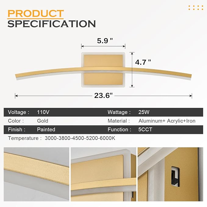 Benkut Modern LED Wall Sconce Gold Light Fixtures Over Mirror Modern Bath Wall Lighting for Bathroom, Dimmable Vanity Light for Bathroom(5CCT 23.6Inch)