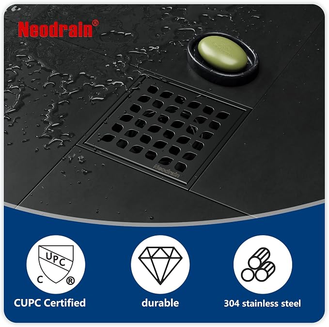 Neodrain 4" Low Profile Square Shower Drain Kit, Matte Black | 304 Stainless Steel, Removable Grate/Drainage Key, PVC Bonding Flange Base with Fabric, For Low Profile Shower Pan