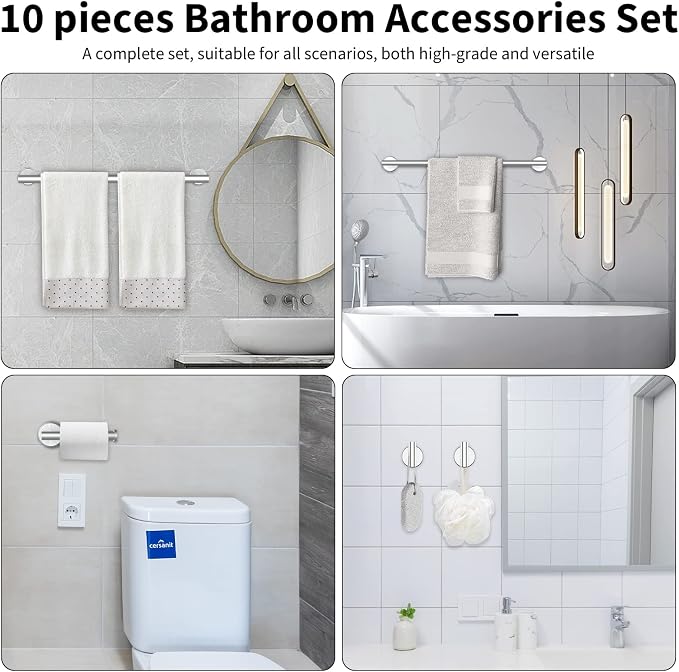 Newfun 10Pcs Brushed Nickel Bathroom Hardware Set - Includes 24&18inch Towel Bar, Robe Hook, Toilet Paper Holder, 2 Pack 5 Piece Bathroom Accessories Set Stainless Steel Wall Mounted | Include 24 inch Towel Bar, Robe Hook, Toilet Paper Holder, Stainles...