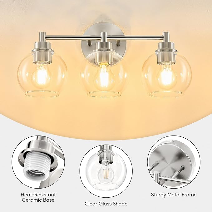 VONLUCE 3 Light Bathroom Vanity Light Fixtures, Brushed Nickel Finish | Globe Glass Shades, E26 Sockets, Easy to install, ETL Certificated, Vanity Lights for Bedroom Hallway Living Room