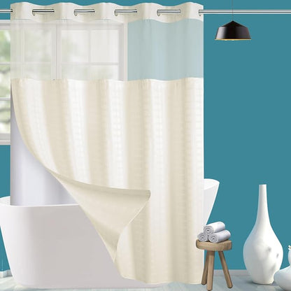 Conbo Mio No Hook Shower Curtain with Snap in Liner Set, Hotel Luxury Beige Shower Curtains for Bathroom with See Through Top Window, Waterproof, Washable 71W x 74H