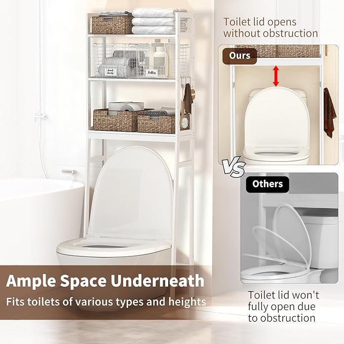 BAMBANG Over The Toilet Storage Rack, 3-Tier Over The Toilet Storage Shelf with 3 Hooks, Freestanding Above Toilet Bathroom Organizer Shelves for Space Saver Storage, Bamboo White