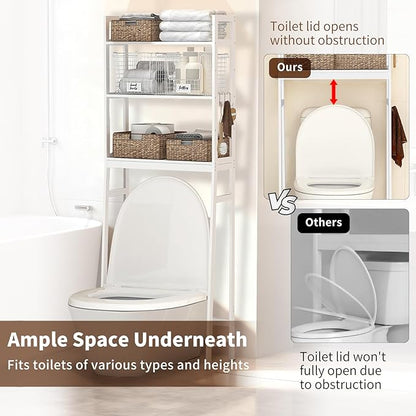 BAMBANG Over The Toilet Storage Rack, 3-Tier Over The Toilet Storage Shelf with 3 Hooks, Freestanding Above Toilet Bathroom Organizer Shelves for Space Saver Storage, Bamboo White