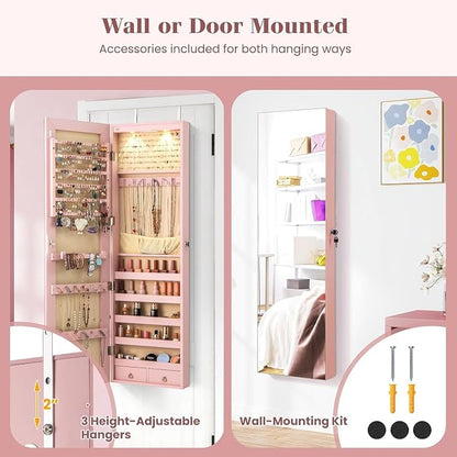 LOKO Mirrored Jewelry Armoire, Wall/Door Mounted Jewelry Cabinet with Full-Length Mirror, Lockable Jewelry Storage Organizer with 2 Drawers & 2 LED Lights, for Girls Women Gift Bedroom (Light Pink)