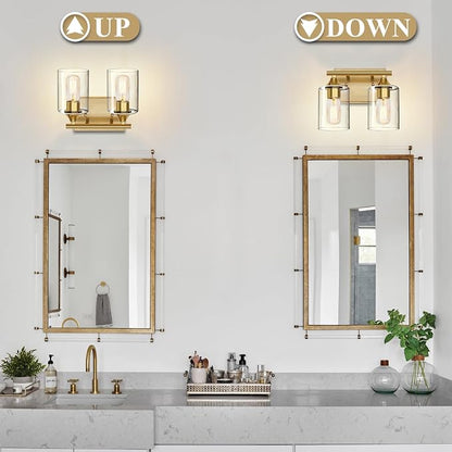 Gold Vanity Lights for Bathroom,2-Light Bathroom Light Fixtures,Brushed Brass Gold Wall Sconce Lighting,Modern Wall Lamp for Mirror Bedroom Vanity Table Hallway