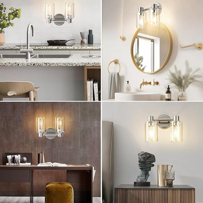 2 Light Bathroom Wall Sconce Light Fixtures with Clear Glass Bathroom Wall Lights Over Mirror Vanity Lights Chrome with E26 Base